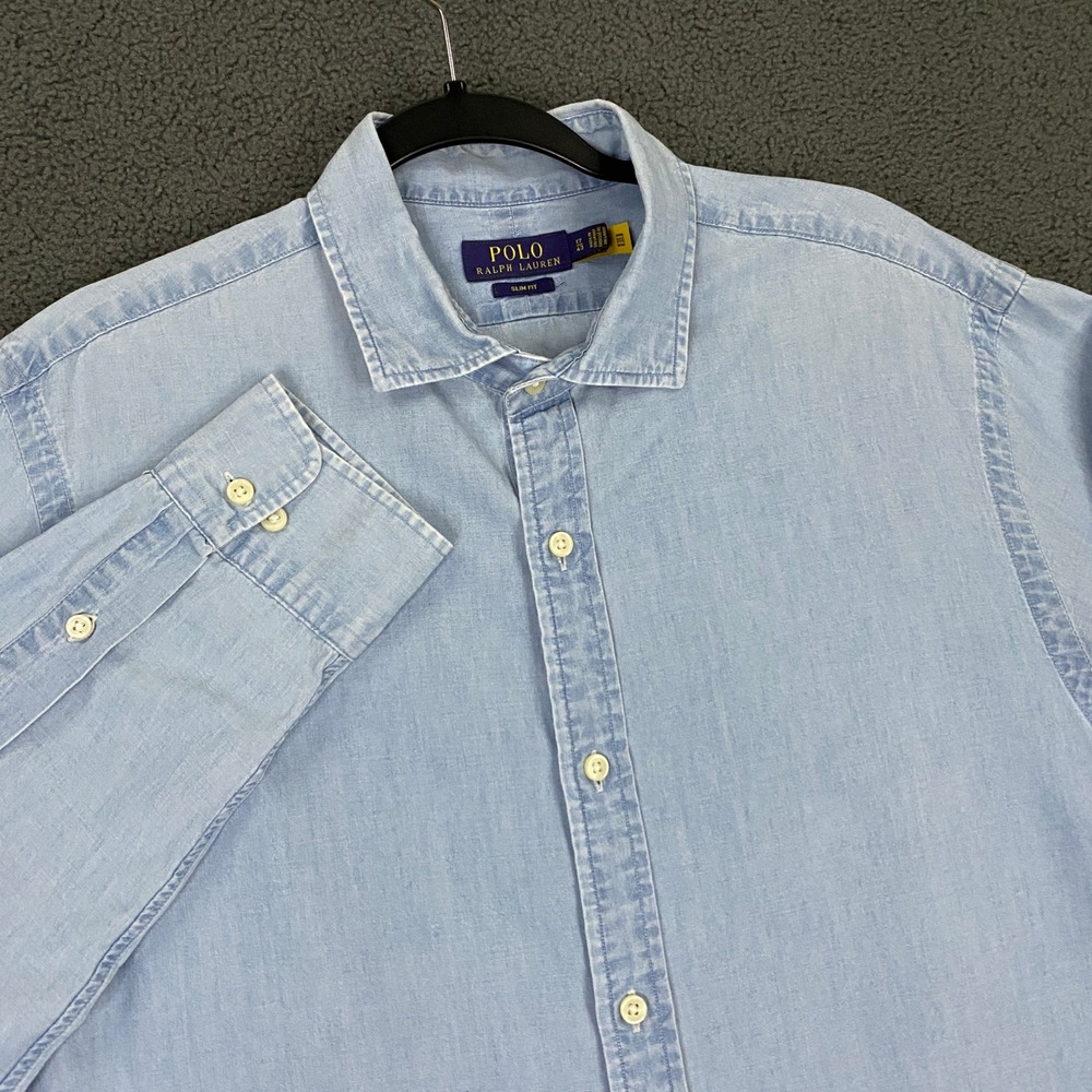 Polo Ralph Lauren Slim Fit Indigo Chambray Dress Shirt Mens 17/43 Blue Cutaway